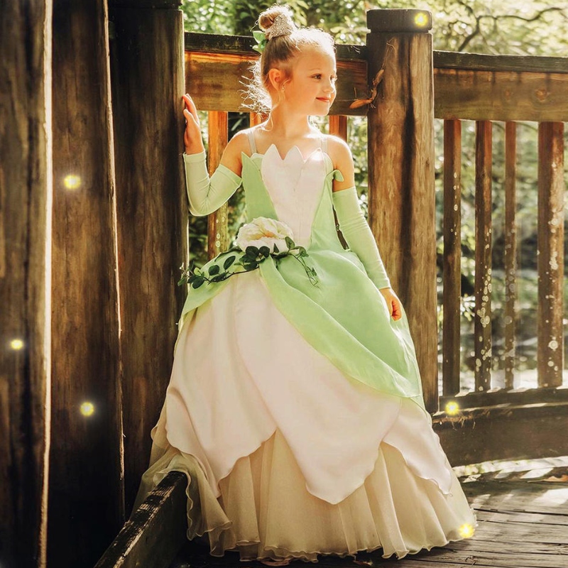 The Frog Princess Costume For Kids Girls Tiana Movie Cosplay Carnaval verkleed Princess Role Playing jurken