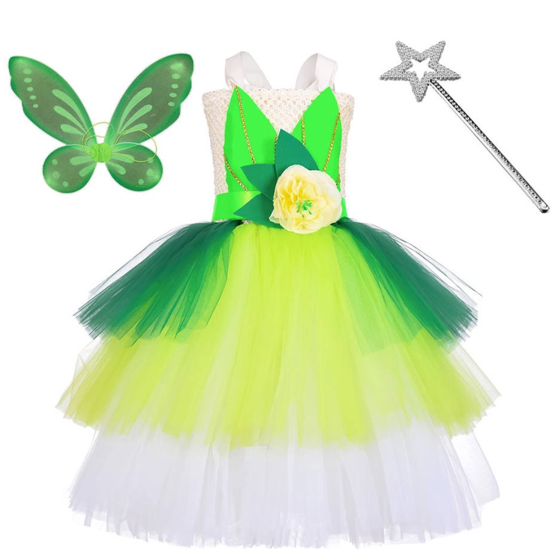 Halloween Cosplay Princess Baby Girls Party Green Flower Fairy Tinker Bell Dress Elf -kostuum met vlindervleugels Sets