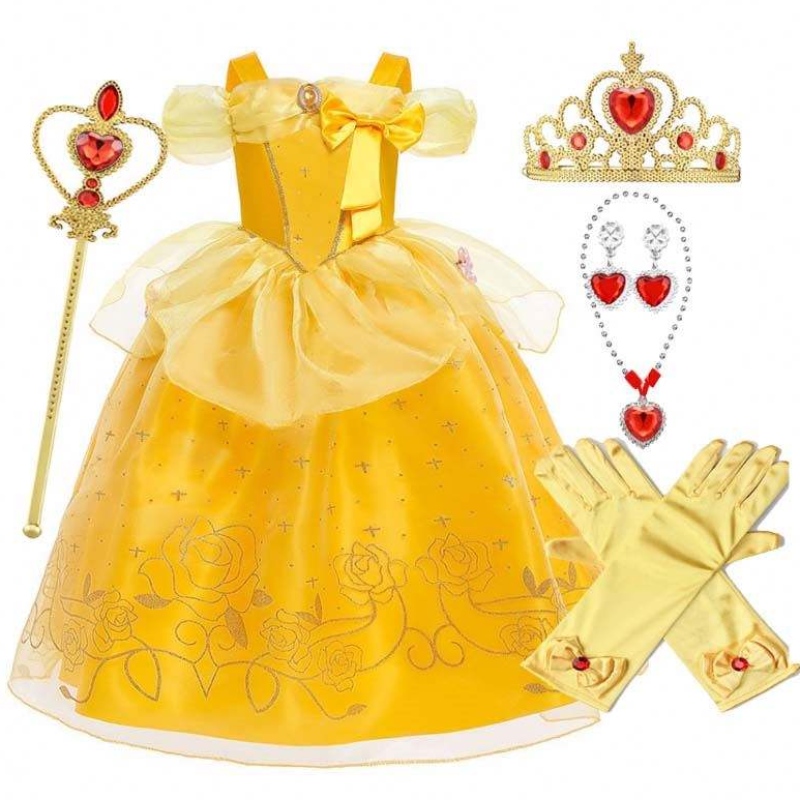 Halloween Christmas Outfits Little Girl Geel gelaagde klassieke kinderen Belle Princess-jurken met accessoires HCBL-005