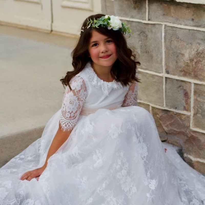 Lange witte jurken voor kinderen meisjes prinses elegante bruiloft gasten kinderen bruidsmeisje kanten jurk avondjurk 3 6 14 jaar