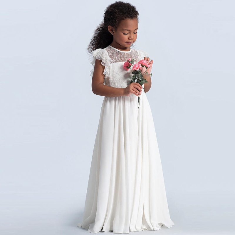 Meisjes kant maxi jurk kinderen ruches mouw prinses tulle jurken bruidsmeisje eerste communion Optocht bloemenmeisjes Vestidos jurken