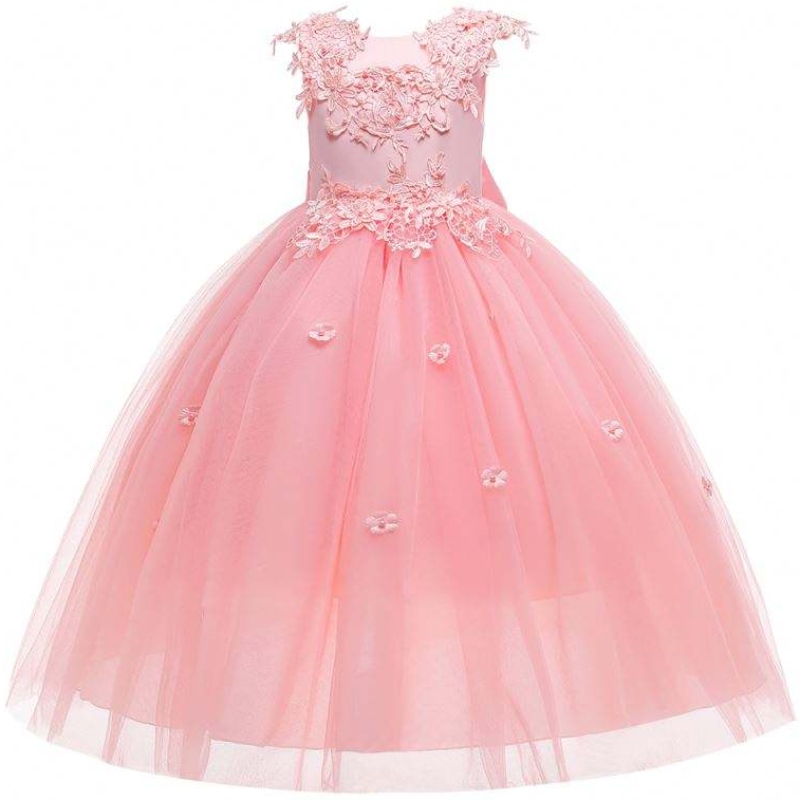 Baige groothandel applique mooie prinses zomer bloemenmeisjes jurken bruiloft verjaardagsfeestje jurk voor meisjes 4-14y op voorraad
