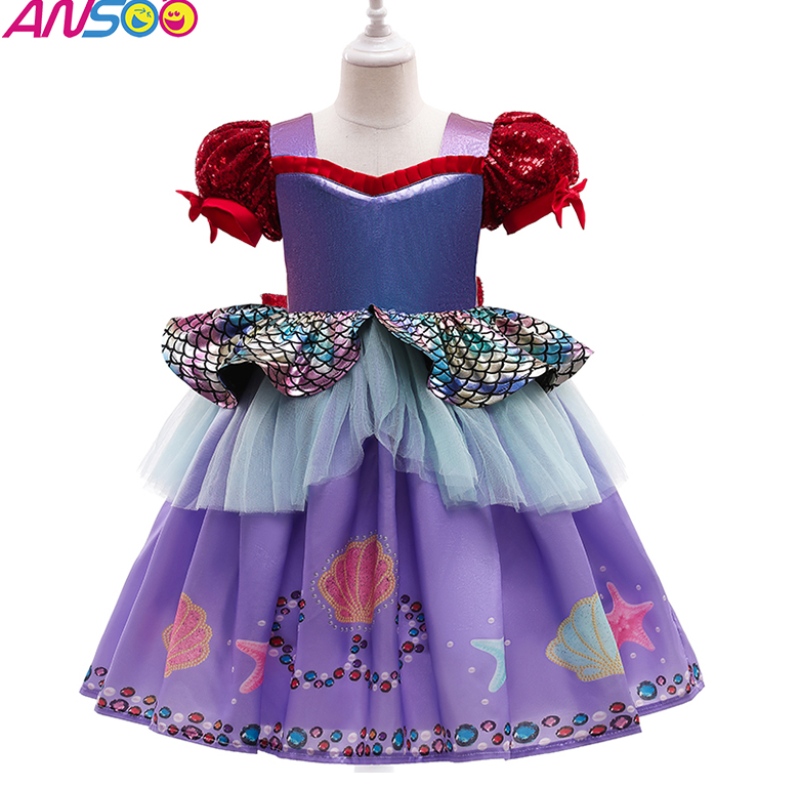 Anoo populairenieuwe Halloween Children \\\\ \'s kostuum zeemeermin bubble mouw paarse prinsesjurk voor meisjes