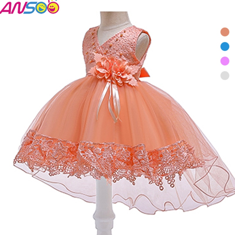 Anoo Pretty Peach Children \\\\\'s Girl Birthday Princess Flower Orange Trouw Jurk voor meisje
