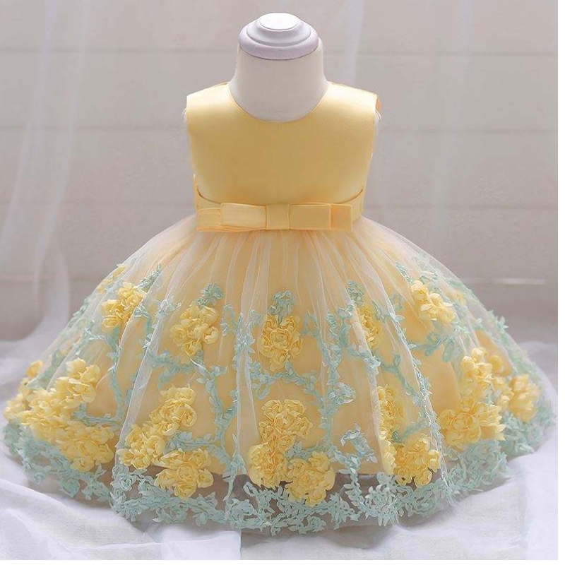 Baige hete verkopen mooie babyjapon 12 maanden 1 jaar oude meisjeskleding eerste verjaardag schattige bloemen feestjurk l1845xz