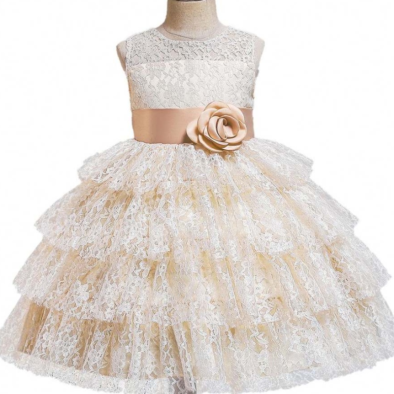 Baige zomermode kanten tulled mooie kralen grote boog verjaardagsfeestje fancy ball jurken bloemenmeisjes jurken