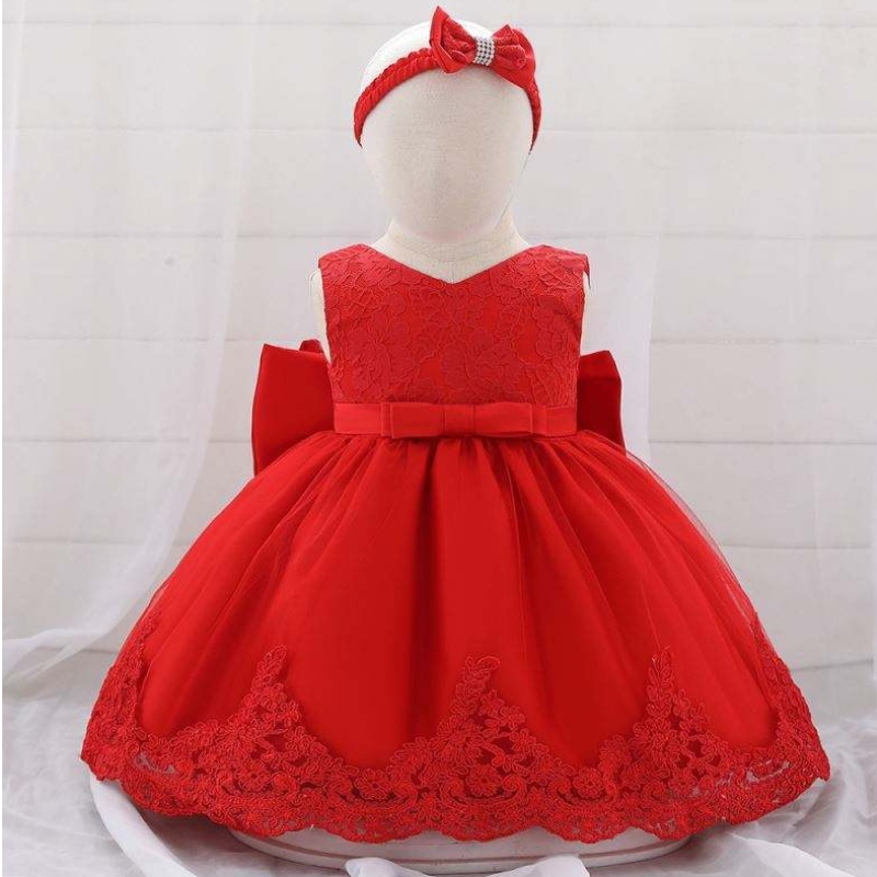 Baige bloemenmeisje babyjurk prinses jurk met hoofdband kanten rood boog feestje draag kinderen verjaardag jurken