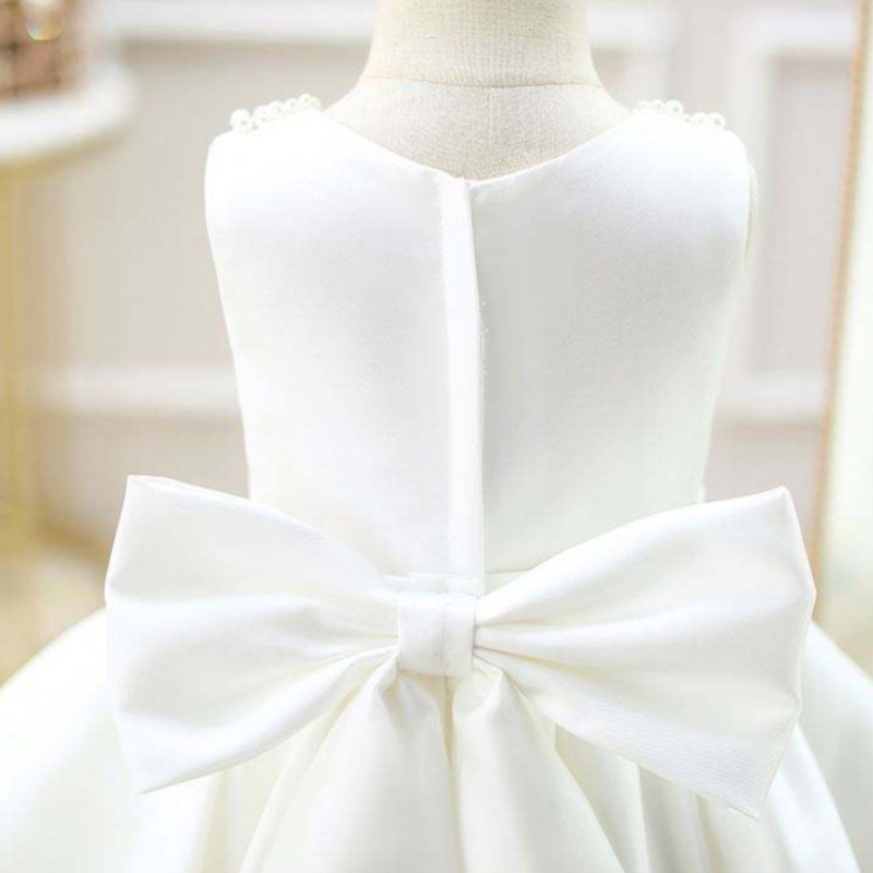 Baige oem witte mouwloze kind kleding prinses babymeisje jurk met kralen bloemenmeisje feestjurk dz004