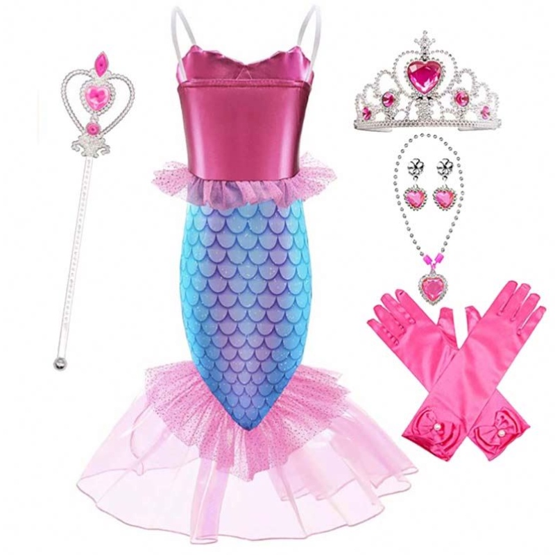 2022 Nieuw klein meisje prinses Ariel Pink Mermaid -jurken met accessoire