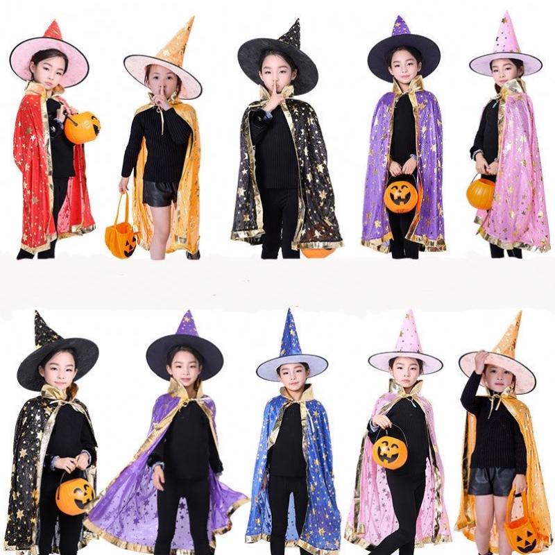 Kinderen Halloween -kostuums Star Wizard Witch Cloak Cape Robe With Pointy Hat Cosplay Props Birthday Party Mardi Gras Accessory