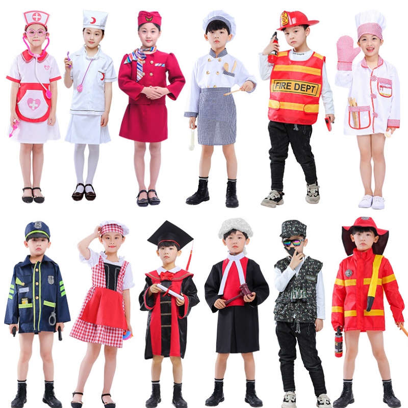 Halloween Children Doctor Cosplay Kostuum Kindergarten Rollenspel Brandweerman Cook Politie Kostuum verpleegkundigen Piloten Kostuums