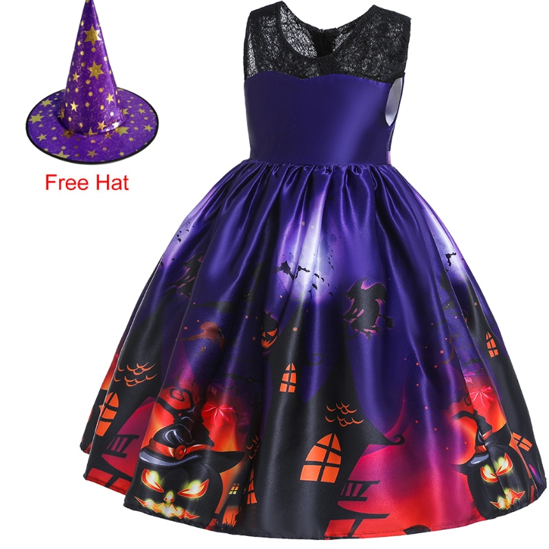 Kinderen zijn vliegende mouw jurk Halloween Princess Costume Ghost Print Dress met hoed