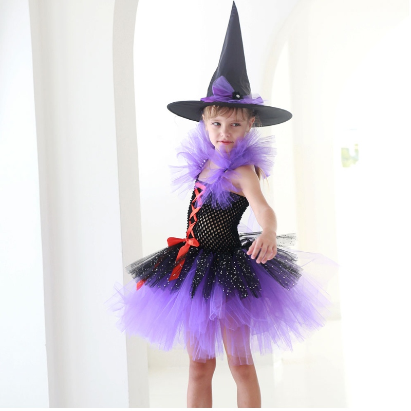 Amazon Hot Selling Tutu Witch Dress -kostuum voor meisjes met een heksenhoed Halloween Carnival Party